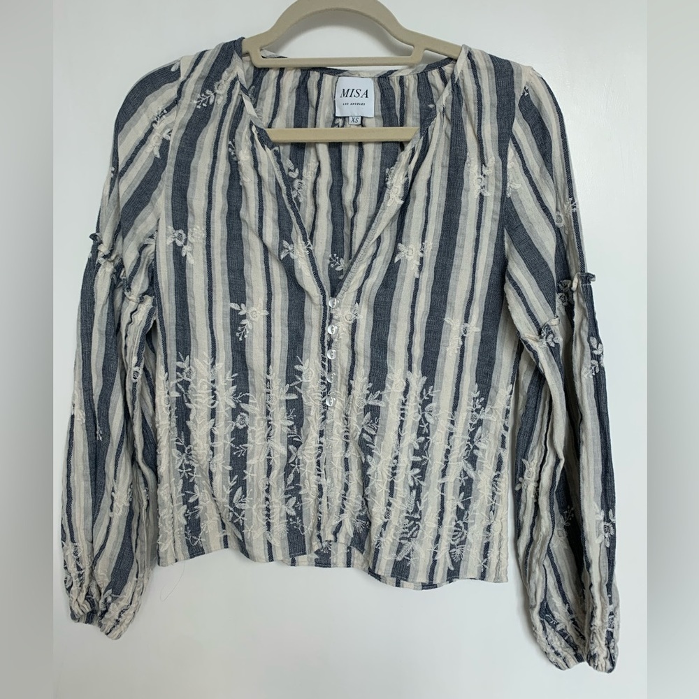 MISA Los Angeles Striped Embroidered Peasant Boho Top